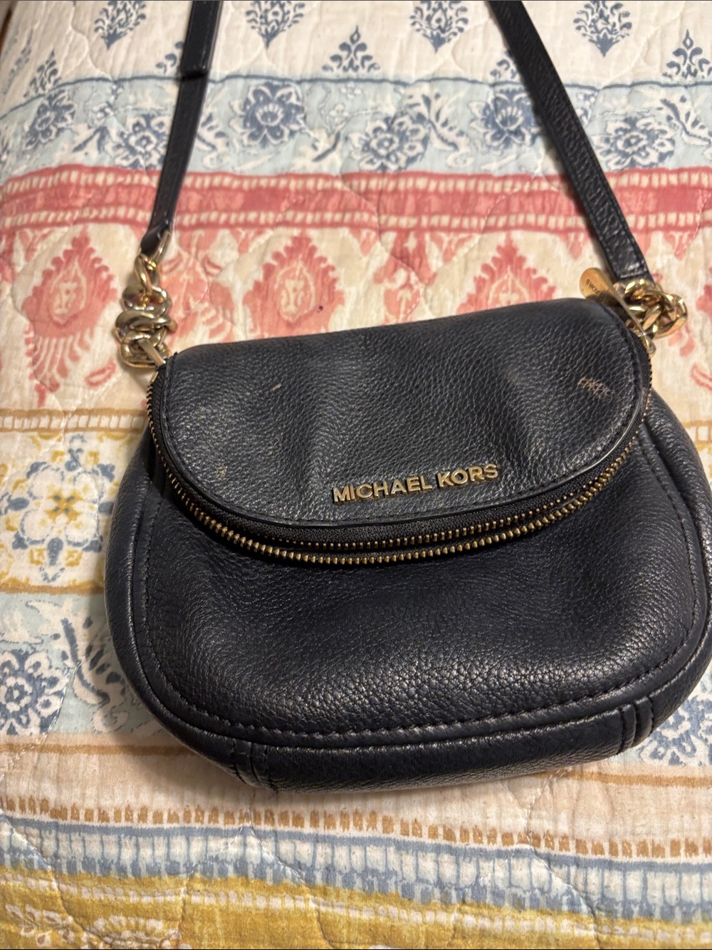 Michael Kors Navy Pebbled Leather Crossbody with Gold Hardware